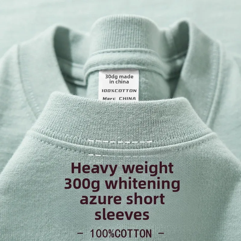 Zomer Lichtblauw 300g Zwaar Katoen T-shirt met korte mouwen Los Casual T-shirt met halve mouwen voor heren en dames