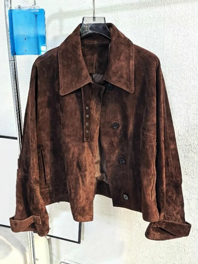 أزياء المرأة الجديدة فضفاضة الجلد المدبوغ سترة جلدية حقيقية رفض طوق واحدة الصدر جلد الغنم تصميم قصير معطف الإناث الخريف