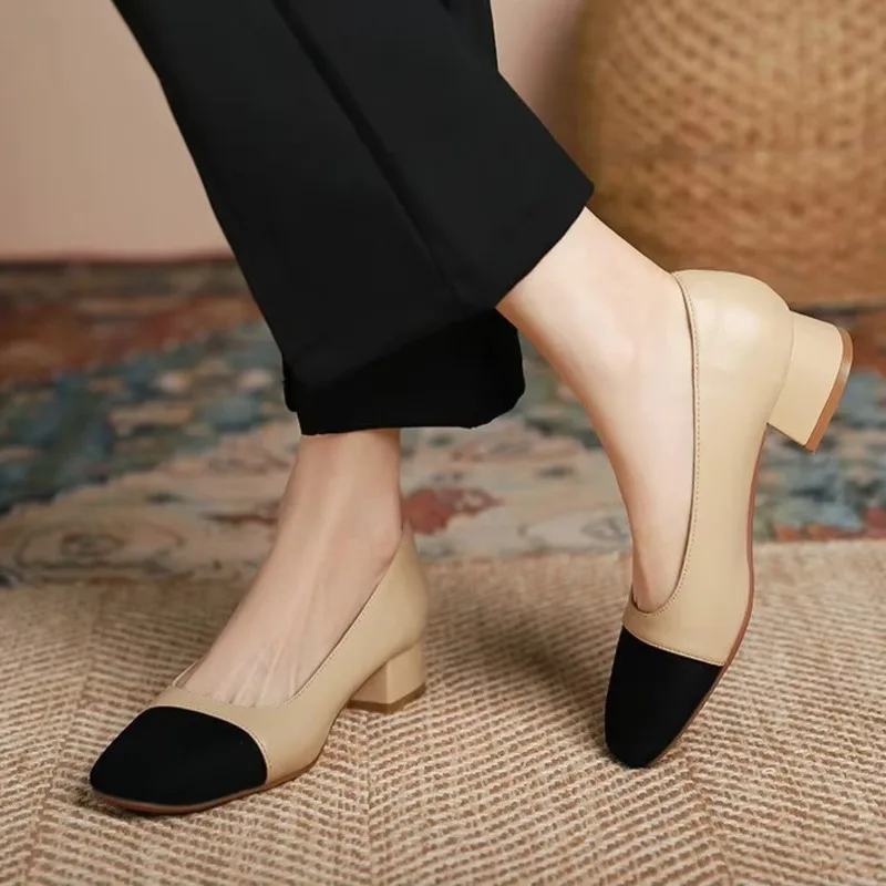 

Women Pumps Genuine Leather High Heels Shallow Mouth Middle Sheepskin Square Toe Smooth Small Fragrant Style Thick Heeled Shoese