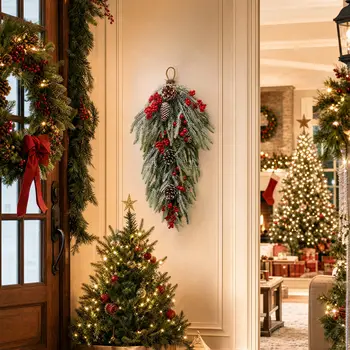 24 Inch Pre Lit Flocked Christmas Teardrop Swag With Timer 8 Lighting Modes Snow Flocked Artificial Pine Door Swag With Red Berries And Pinecones Winter Holiday Decor For Front Door 6