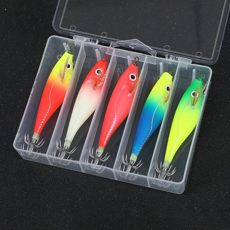 5 Stück Leuchtende Tintenfisch-Köder Egi Holz-Garnelenhaken Oktopus-Seepfeffer-Köder Leuchtender Salzwasser-Kunstköder Pesca Tackle