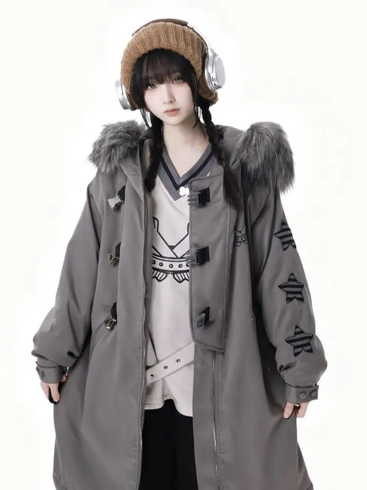 

Японская женская одежда на хлопковой подкладке, высококачественная серая хлопковая одежда средней длины со звездами, утолщенная субкультура