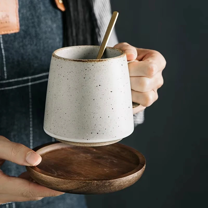 

Retro Creative Ceramic Mug Wooden Coaster Office Coffee Mug Beverage Cup Milk Cup Household Couple Cup Water Cups Tea Cups
