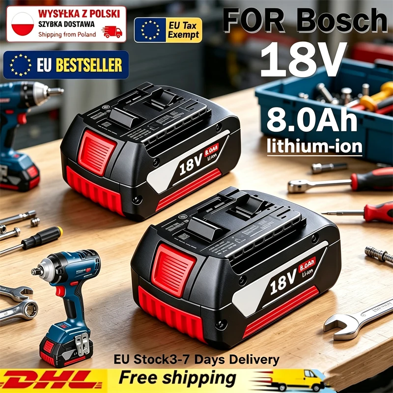 Batterie neuve 18V 8.0Ah compatible avec les batteries Bosch GBA Professional GBA GSR GSB BAT609G BAT622 BAT618G avec affichage LED de la puissance, batterie pour outil électrique 18V