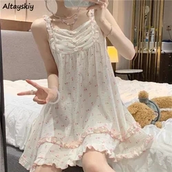 Nightgowns Women Summer Printed Leisure Sexy Sweet Folds Vintage Sleepwear Ladies Aesthetic Ins Popular All-match Home Lounge