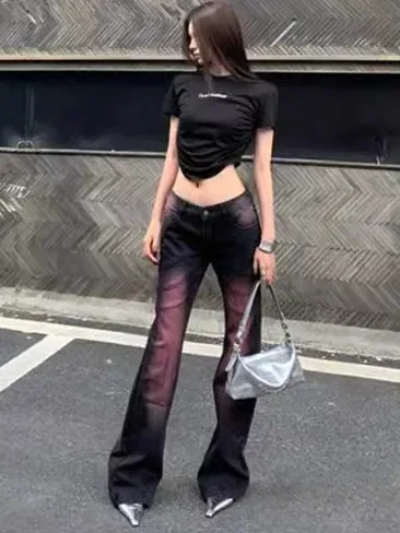 

American Retro Low Waist Bell Bot Jeans Purple Slimming Long Trousers Casual Straight Leg Denim Pants for Young Women