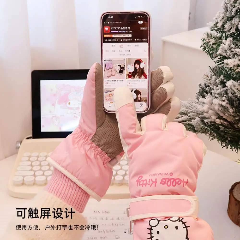 Sanrioed Kawaii Hello Kitty Warm Plush Touch Screen Ski Gloves Anime Cinnamoroll Soft Gloves Winter Outdoor Windproof Girls Gift