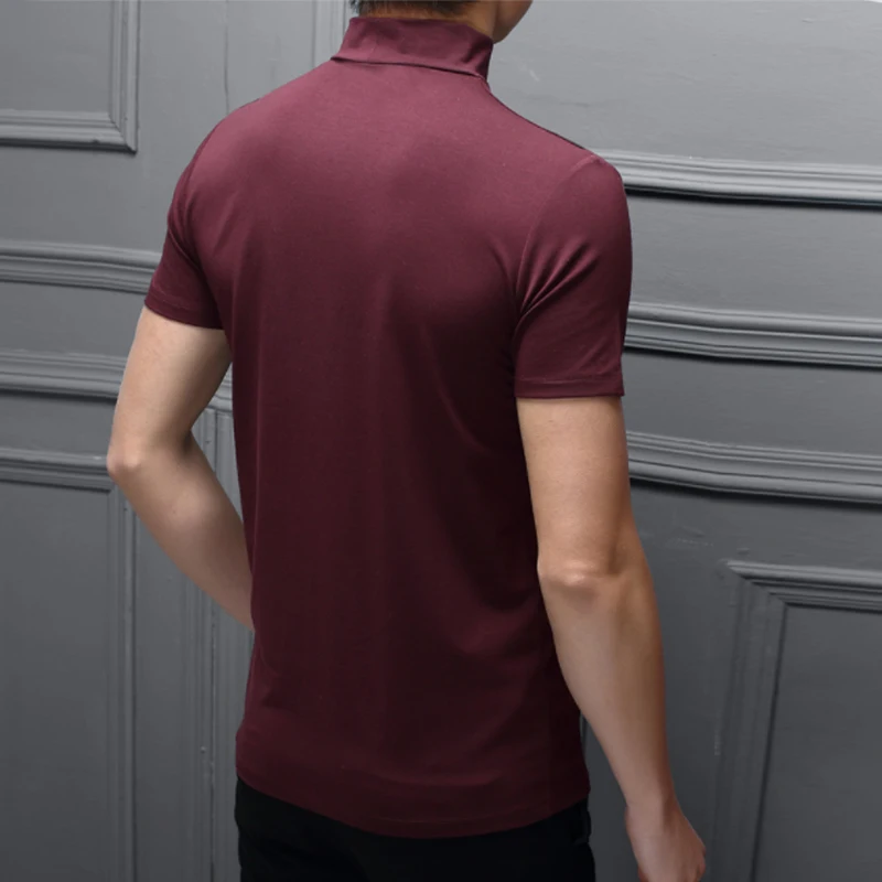 2023 New Trend Summer Men Half High Collar Mercerized Cotton Short Sleeve Slim Body T-Shirt Men Solid Color Modale High Collar