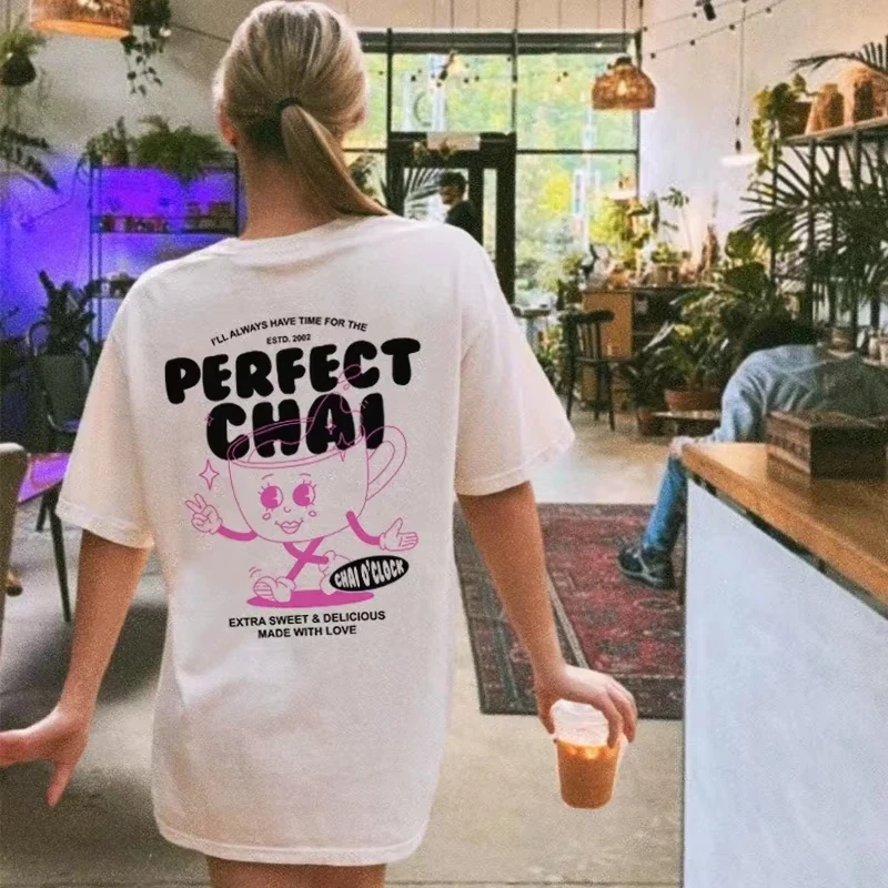 Camisetas con estampado de té Chai de dibujos animados para mujer, camiseta Retro bonita y divertida de Masala Chai, ropa de calle Harajuku de gran tamaño, Tops para amantes del té
