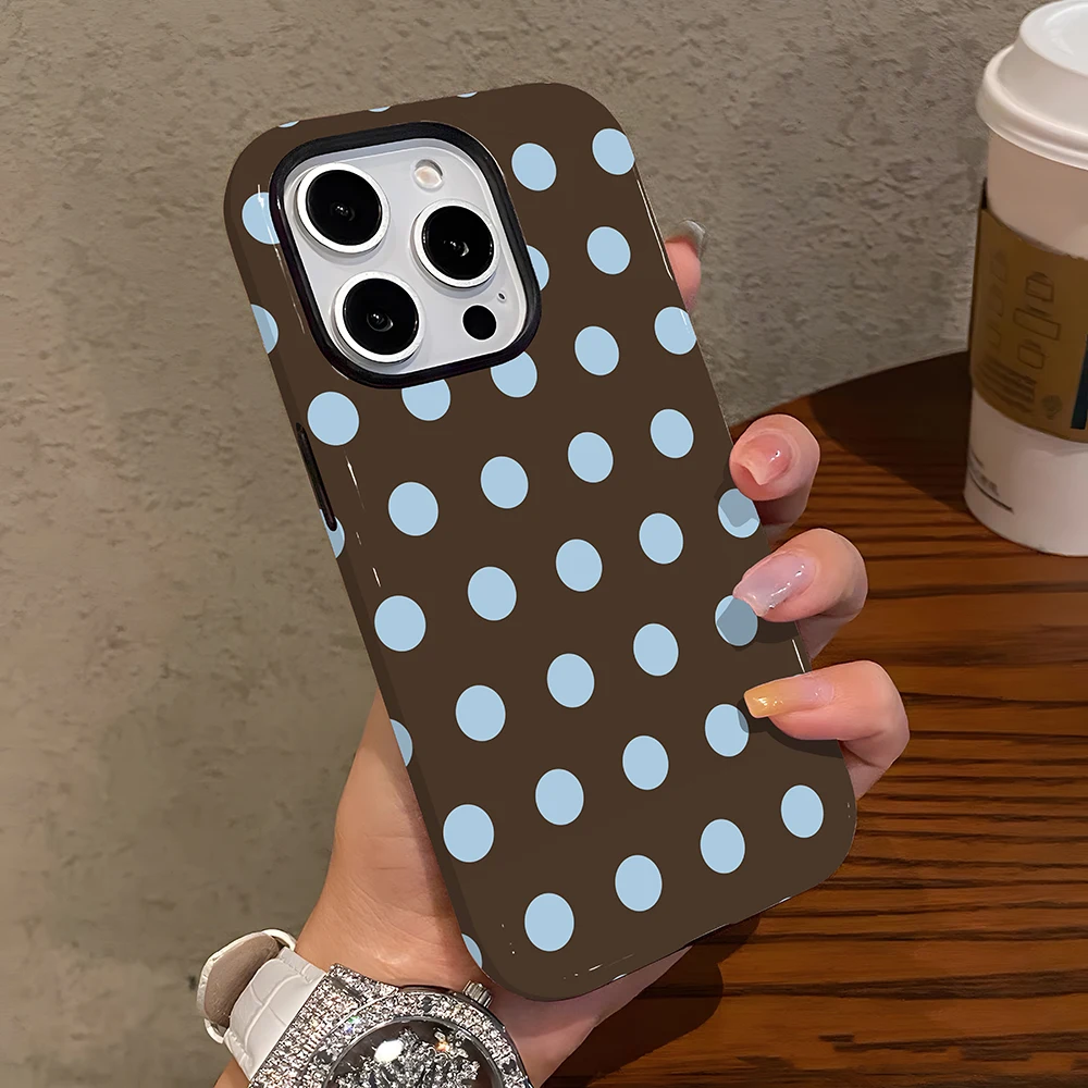 Luksusowe etui na telefon w kolorze niebiesko-brązowym w kropki do iPhone'a 17 16 15 14 13 12 11 7 8 Air Pro Max Plus, luksusowa dwuwarstwowa obudowa. — zdjęcie produktu 2