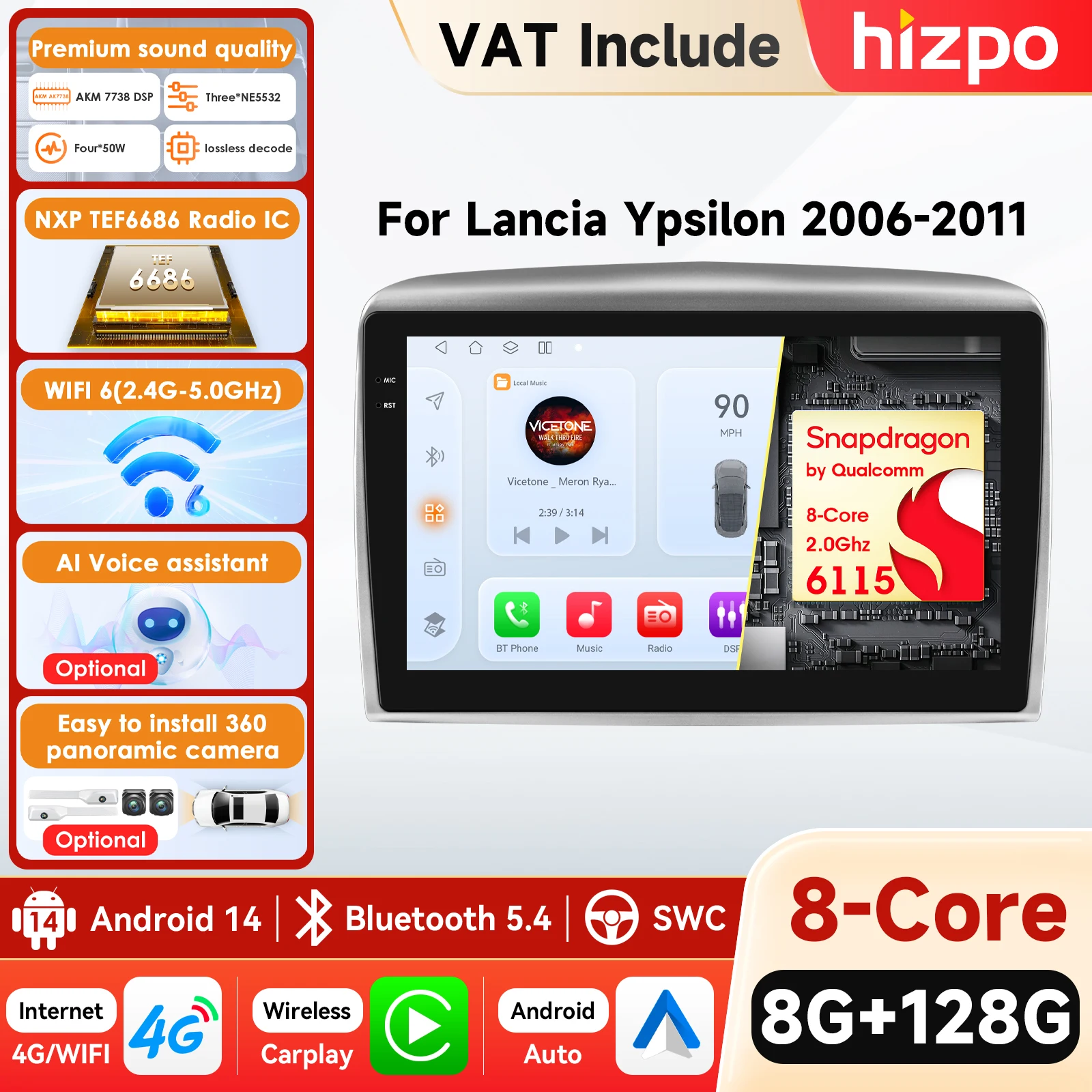 Hizpo Sistema Intelligente 4G Android 14 Autoradio per Lancia Ypsilon 2006 - 2011 Lettore Multimediale Video GPS Carplay