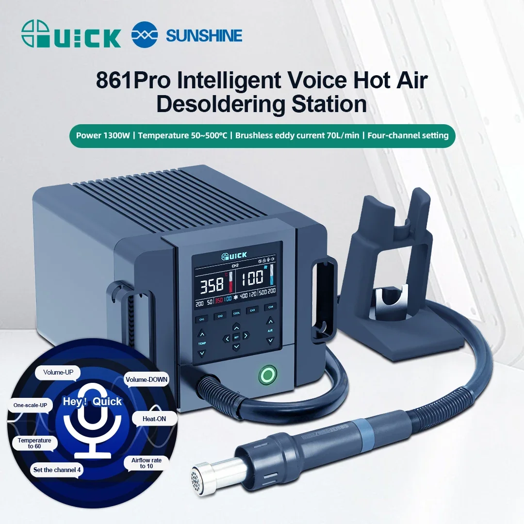 

QUICK 861Pro Smart Hot Air Gun Soldering Station BGA SMD Rework Station 1300W AI Control Heat Gun PCB Repair Station 7nozzles