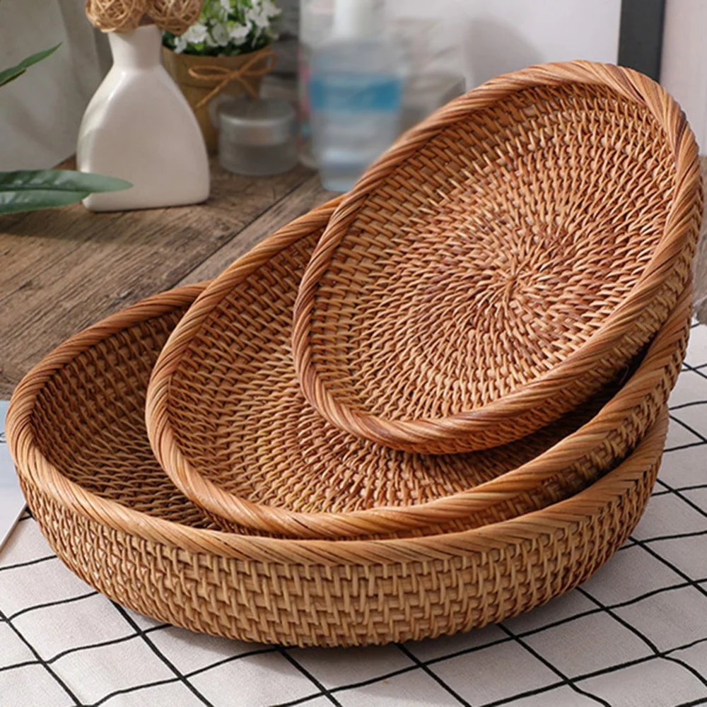 Natural Color Rattan Handwoven Storage Baskets For Home Living Room Dinner Table Snack Fruit Vegetable Food Round Woven Tray Box