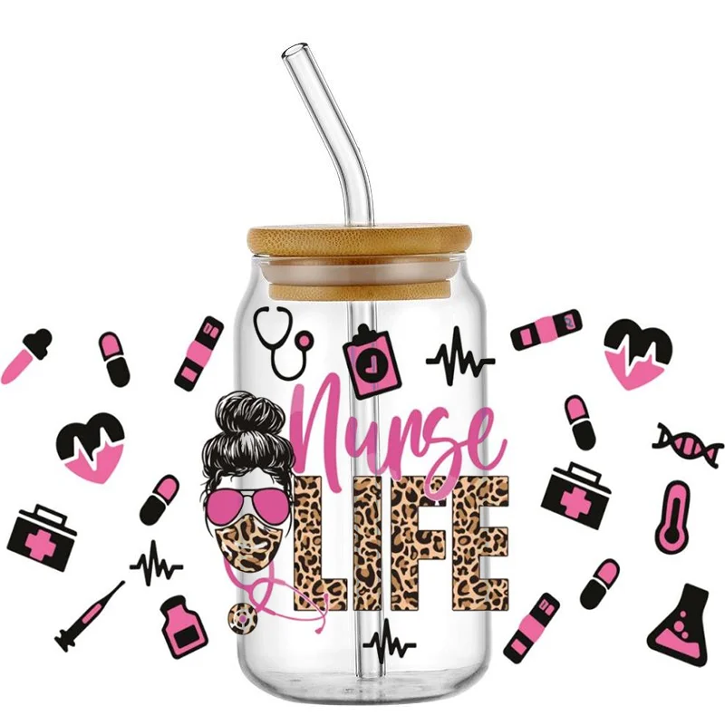Nurse Themed UV DTF Cup Wrap Transfer Sticker for 16oz Libbey Cup DIY Logo Glass Plastic Can Selfadhesive Tumbler Stickers