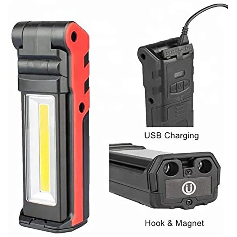 Super Bright COB LED Working Light with Magnetic Base & Hook USB Rechargeable Dimmable Flashlight for Outdoor Car Repair