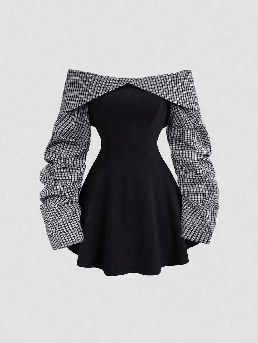 

Women Off Shoulder Color Block Fitted Mini Dress With Plaid Sleeves