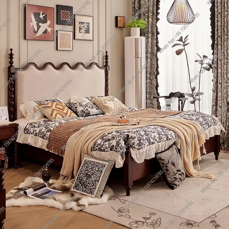 

French antique master bedroom all solid wood bed American retro cream style double bed Superior bedroom