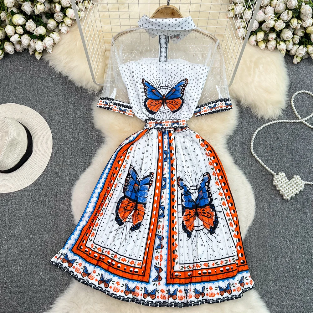 2024 Summer Turn-down Neck Butterfly Print Mesh Splice Dress Women Fashion Waist Tied Bow A-line Pleated Shirt Dress Women