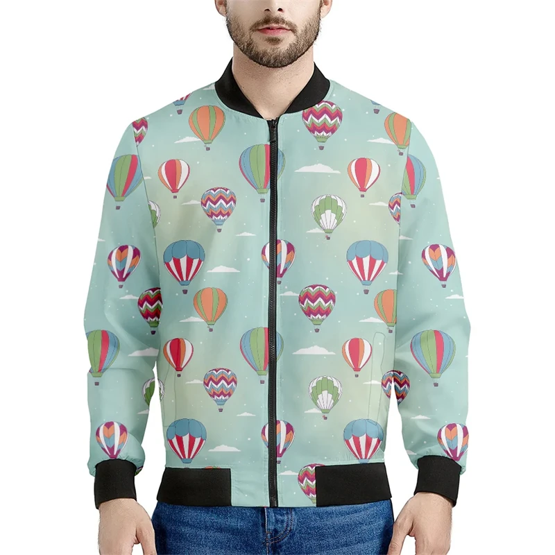 New Cartoon Air Balloon Pattern 3D Print Mens Homber Jackets 2024 Spring Autumn Long Sleeve Zipper Coat Street Flight Jacket 6XL