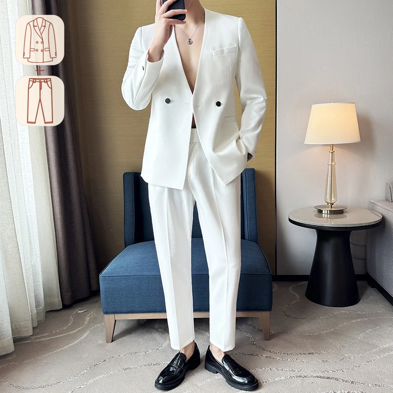 Sexy Collarless Suit Two-Piece Suit ~ Fashion Seamless V-neck Design Sense Trendy Handsome Thin Suit