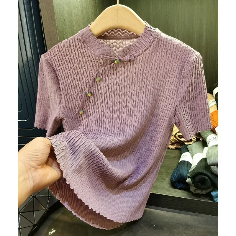 

Pleats Pleated T-shirt Senior Sense Disk Buckle Stand-up Collar Short Sleeve Pleated T-shirt Female Summer New Hundred Thin Tops