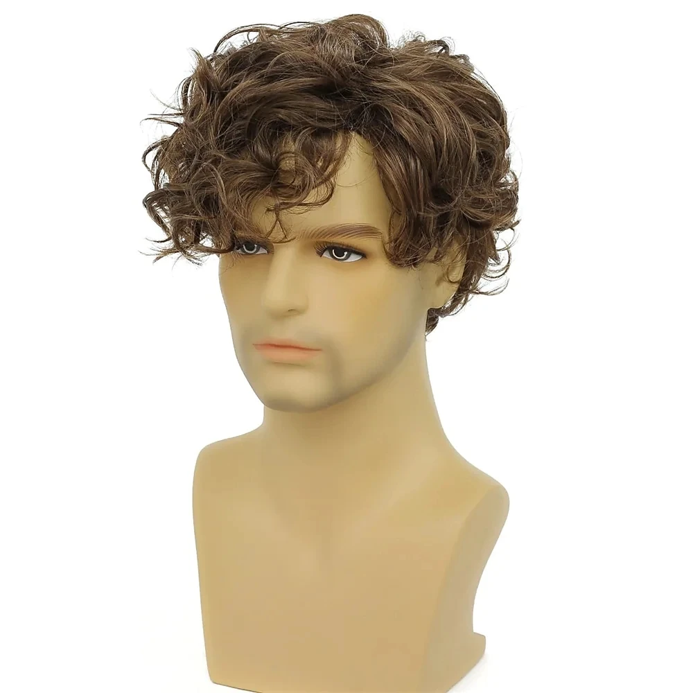 Short Brown Party Wigs for Men Layered Natural Looking Side Part Bangs Hair Heat Resistant Synthetic Wigs