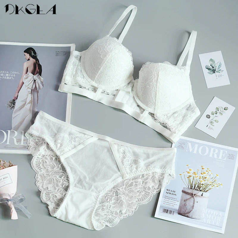 New White Hollow Sexy Underwear Set Plus Size Women Bras Thick Deep V  Brassiere 3/4 Cup Embroidery Lingerie Lace Bra Set Push Up - AliExpress  200574005
