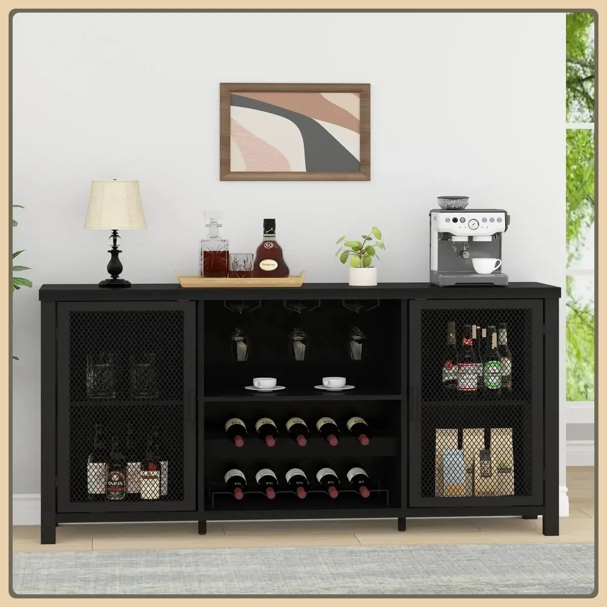Black Wine Bar Cabinet, Coffee Bar Cabinet with Storage, Farmhouse Kitchen Buffet Cabinet with Rack for Liquor and Coffee
