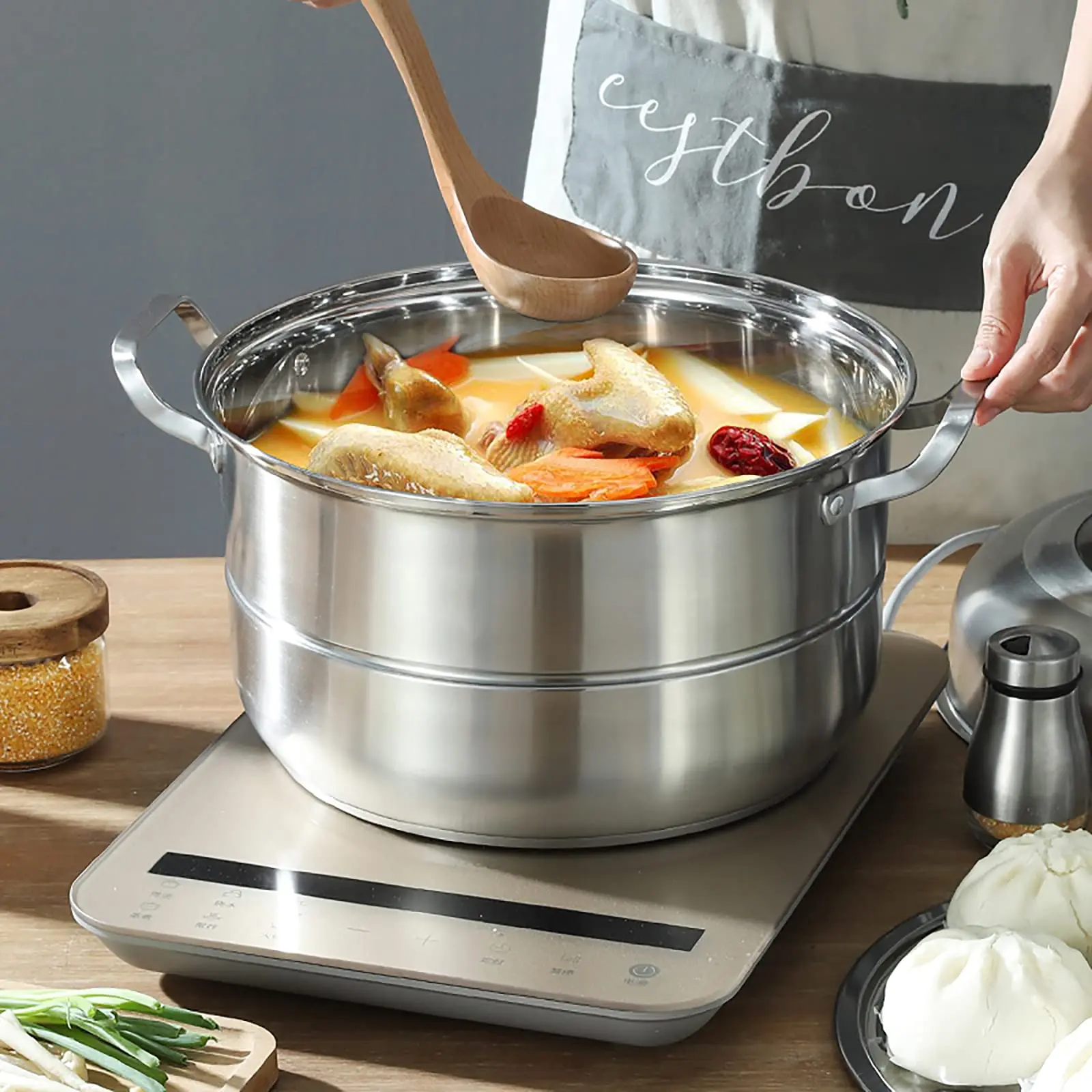 جهاز بخار Xuthusman 304 من الفولاذ المقاوم للصدأ - قابل للتكديس 5 طبقات مع غطاء زجاجي - قطر 32 سم - مقاوم للصدأ