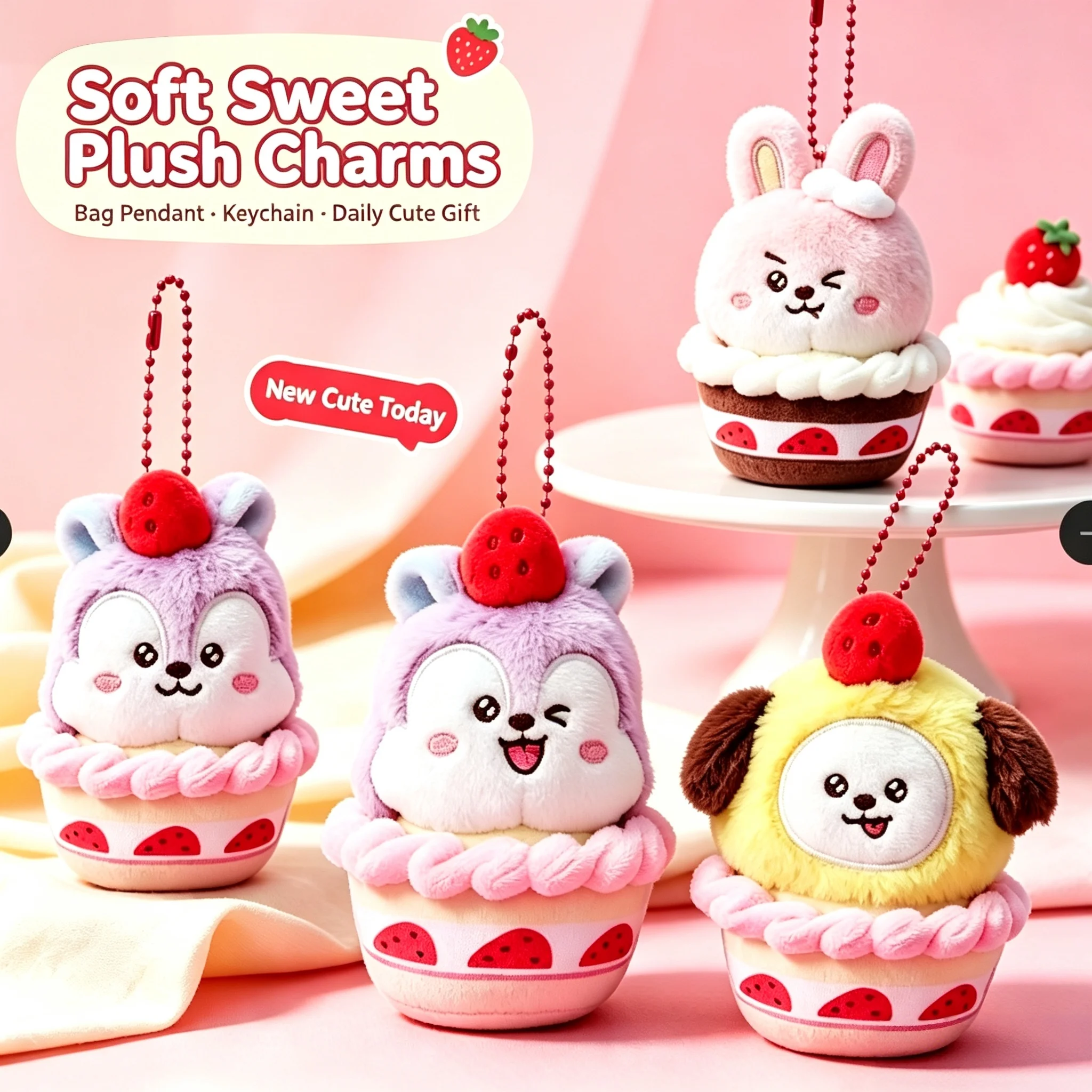  BT21 Strawberry Cake Animal Plush Keychain Cute Dessert‑Style Bag Pendant Kawaii Collectible Decor Fan Birthday Chrismas Gifts