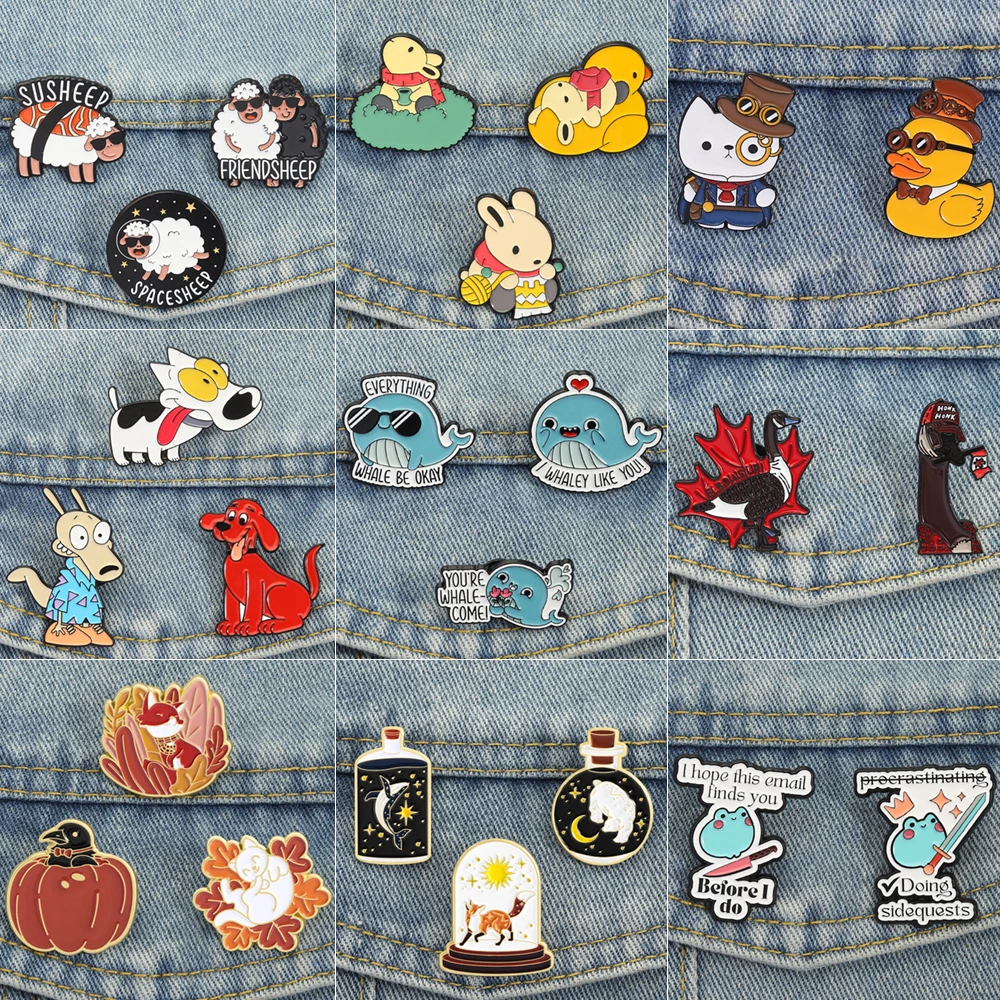 2-5 Pcs Cartoon Animal Enamel Brooches Lapel Pins Sheep Rabbit Detective Cat Duck Dog Whale Frog Crow Fox  Badge Jewelry Gift