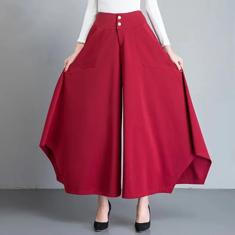 

Irregular Loose Wide Leg Pant High Waist Casual Skirt Pant Women Clothing Solid Elegant Trouser French Pocket Autumn Office Lady