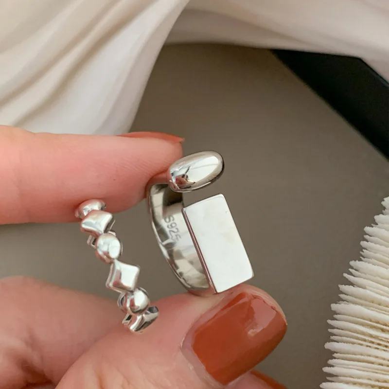 925 Sterling Silver Ring for Women Girl Gift Retro Open Trend Unique Design Geometric Asymmetric Jewelry Dropship