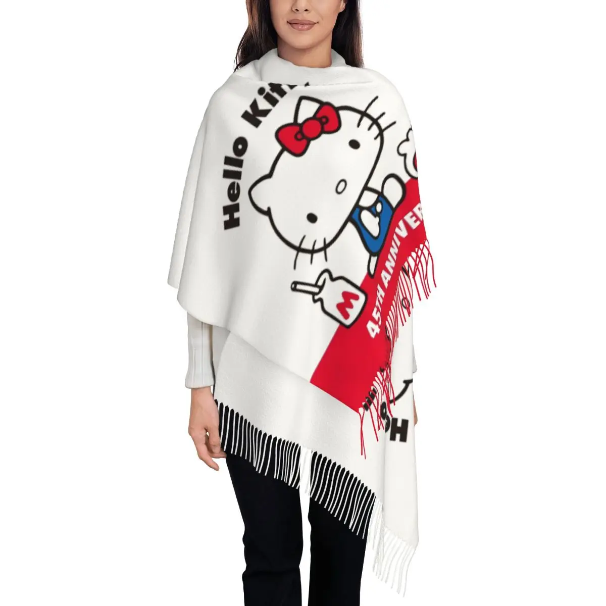 

Шарф Hello Kitty для женщин, осенне-зимняя шаль из пашмины, длинные большие шарфы с кисточкой для вечернего платья