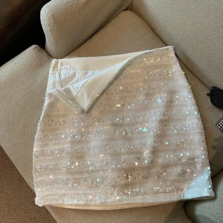 French silver-gray sequined skirt female spring and autumn new temperament hip skirt spice girl anti-exposure A-line skirt