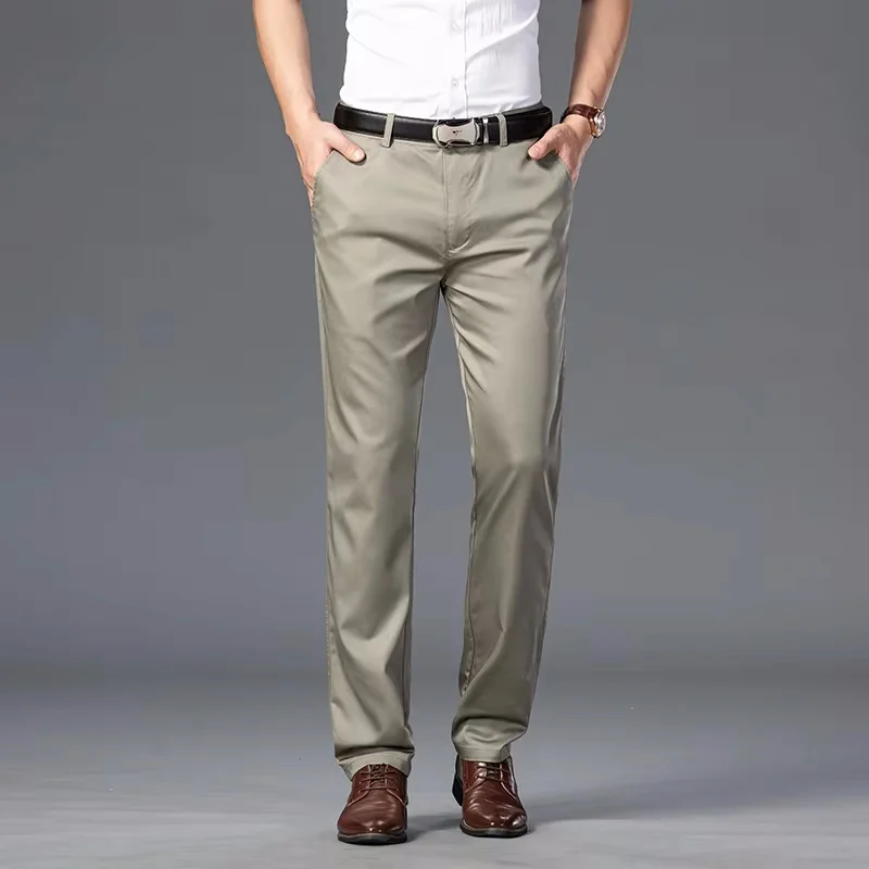 High Quality Soft Thin Cotton Casual Pants Mens Clothing Straight Office Business Green Black Khaki Trousers Male Brand