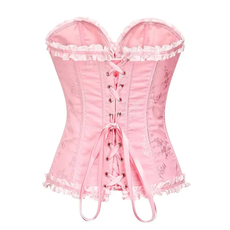 Pink Corset Top Bustier Sexy Women\'s Plus Size Overbust Corselet Blouse Lace up Floral Gothic Brocade Vintage Fashion Medieval