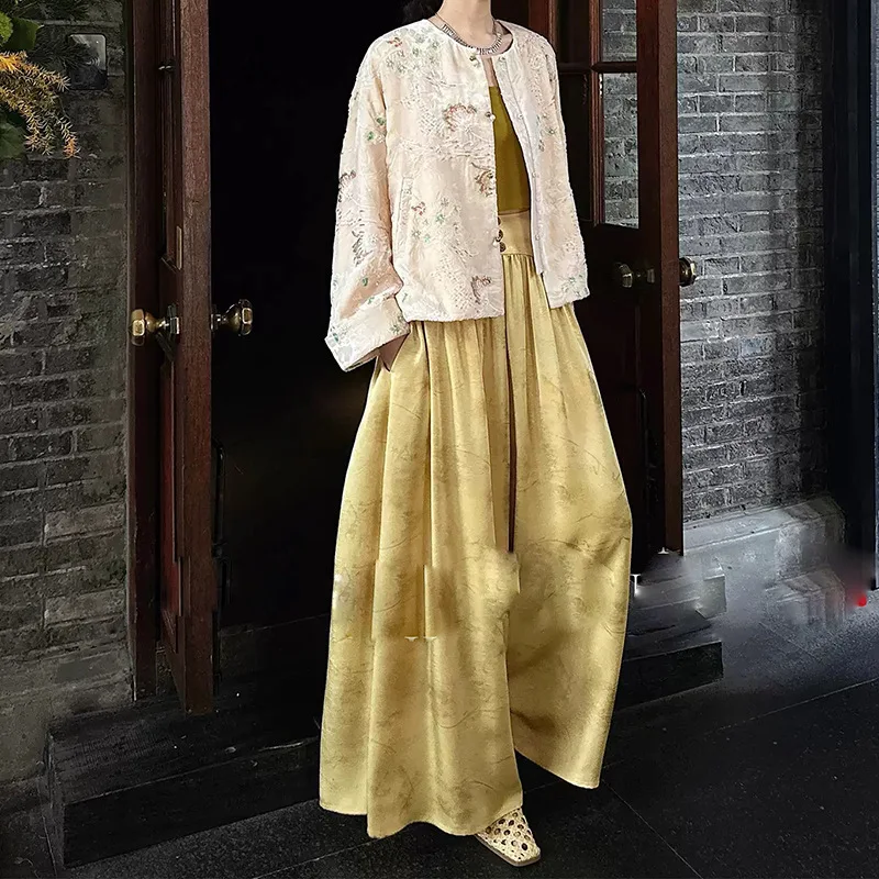 Vintage Temperament Women Clothes Gold Texture Wide Pants Spring
