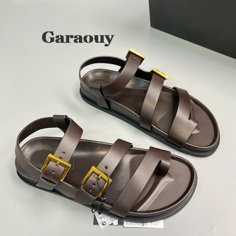 Garaouy Genuine Leather Roman Sandals Summer Outdoor Casual Open Toe Strap Buckle Back Strap Solid Color Fashion Women Sandals