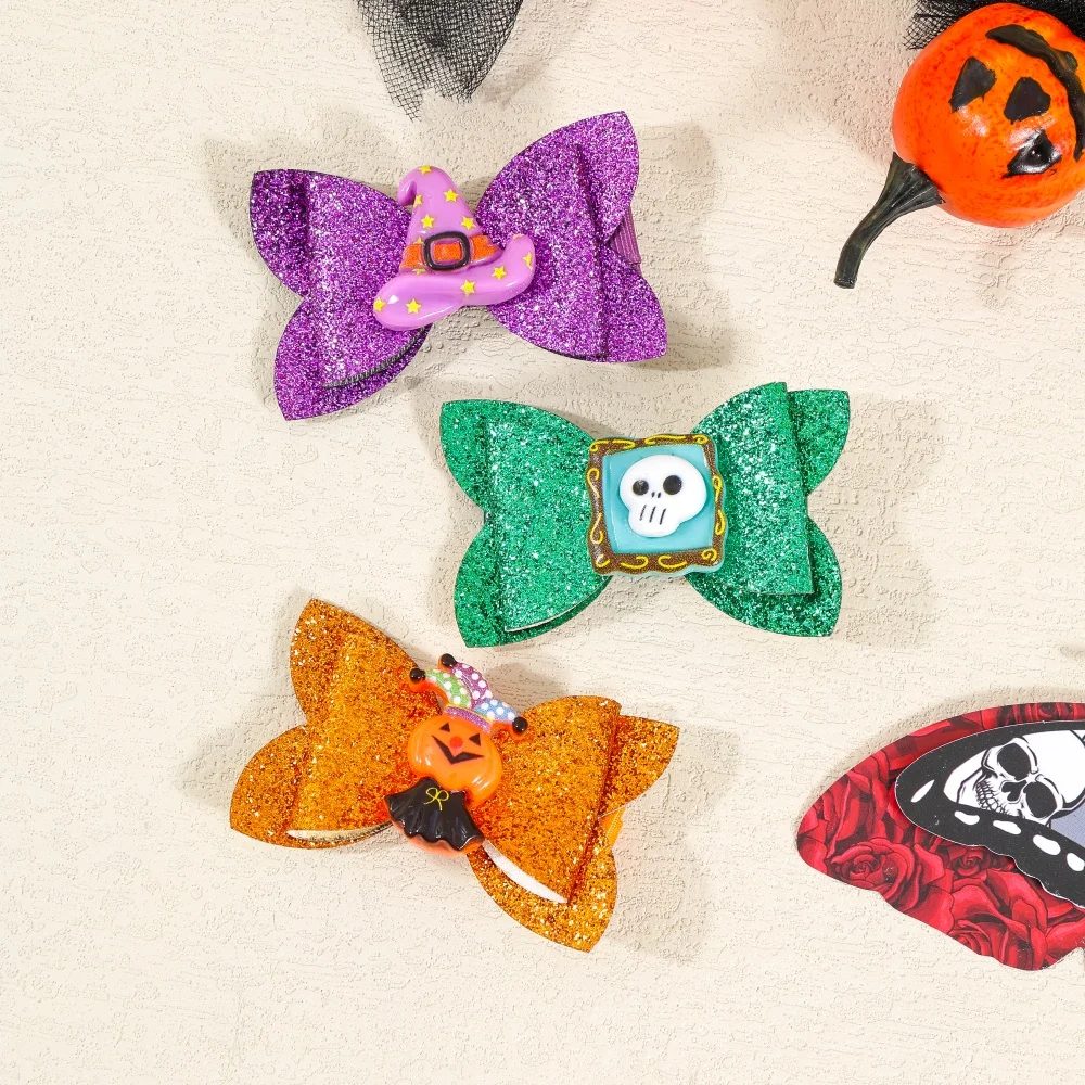 Halloween Glitter Bow Girl Hair Clip Cartoon Skeleton Pumpkin Witch Infant Hairpin Cute Handmade Children's Hair Accessories