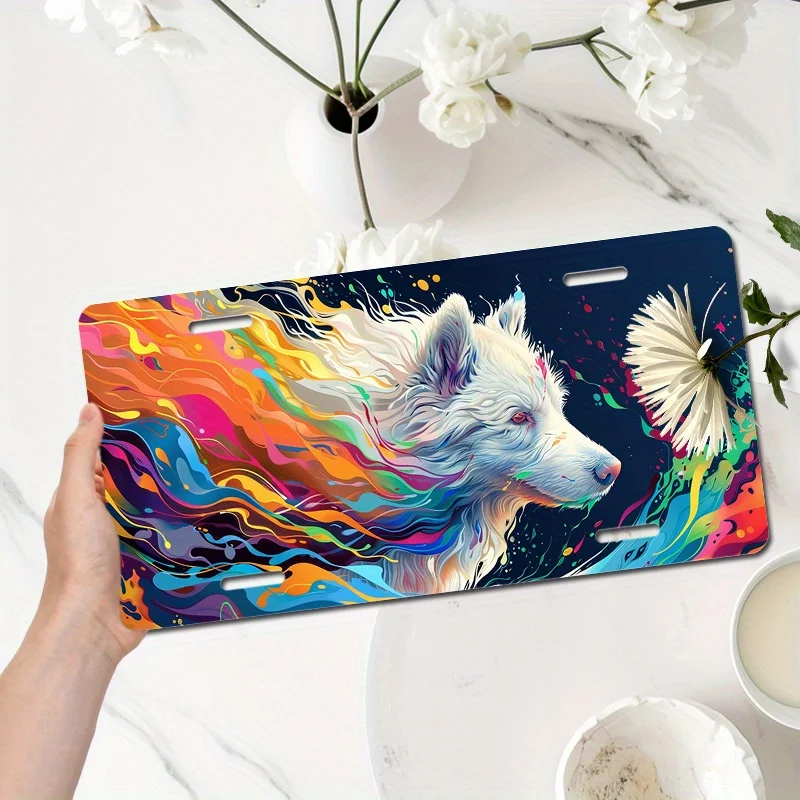 1pc 2D Flat Posters Samoyed Graffiti Car License Plate Dynamic Vehicle Front Wall Art, Colorful Dog, Art Dynamic Dog Design
