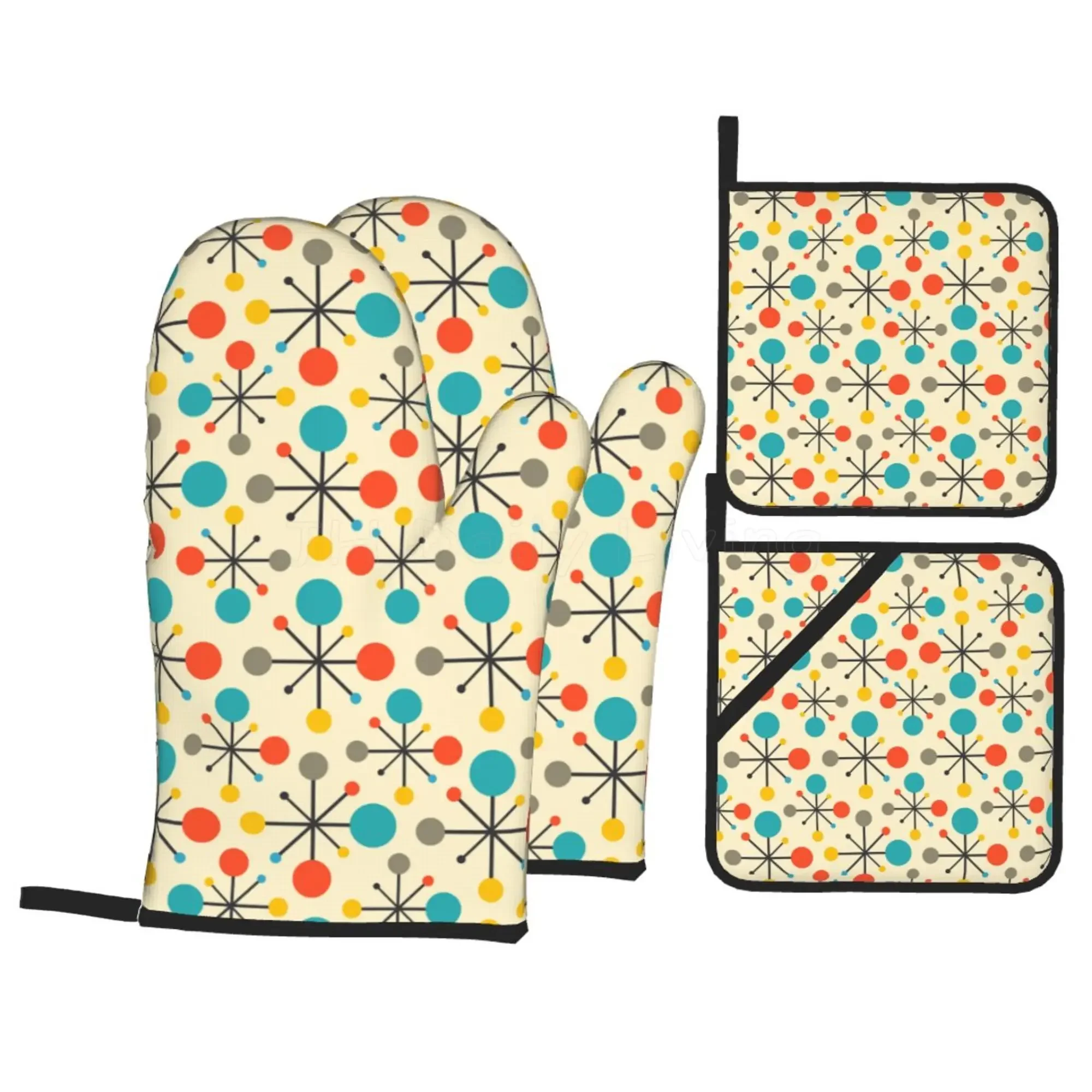 Mid Century Fifties Modern Atomic Retro Colors Oven Mitts and Pot Holders Sets of 4 High Heat Resistant Oven Mitts with Yellow