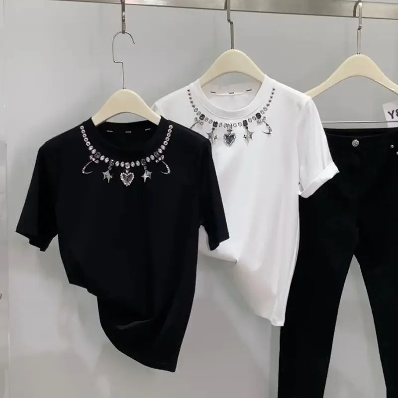 Luxury Women Stars Diamonds Beaded White Short Sleeved T-shirts  Heart Shaped Rhinestones Tees Loose O-Neck Jumpers Crop Tops