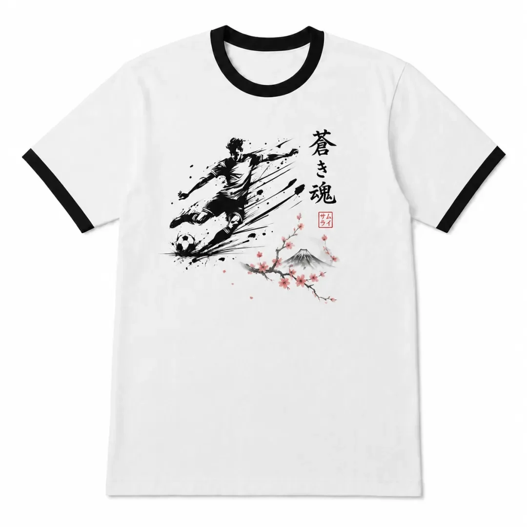 Japanese Ink Football Player Printed Cherry Blossom Foothills Mount Fuji Oriental Art Short Sleeved T-shirt Casual Football Top