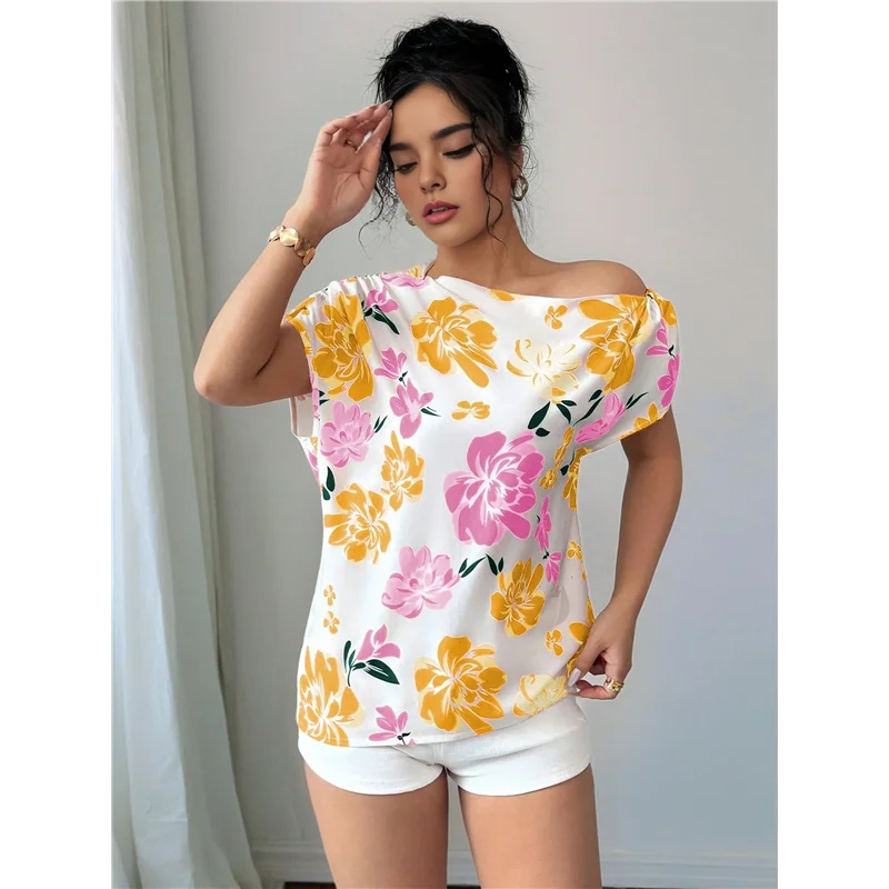NUEVO-Blusa de verano con estampado floral fruncido y manga corta con hombros descubiertos para mujer