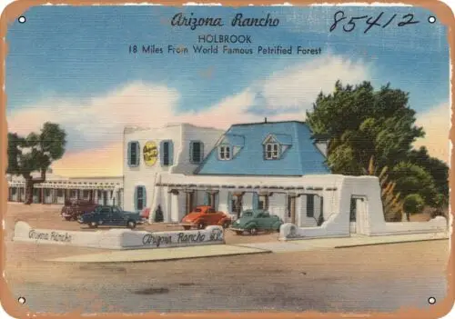 Letrero metálico - Tarjeta postal de Arizona - Rancho Arizona, Holbrook, a 18 millas del letrero mundial F.