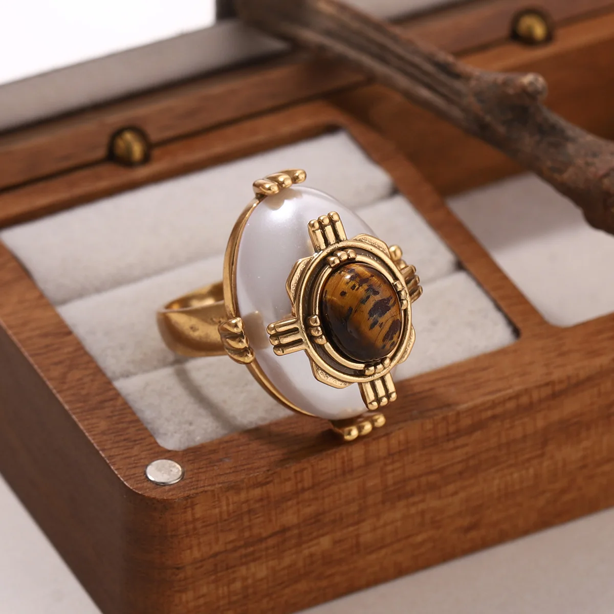 Vintage Gold Plated Oval Ring with Natural Stone Mother of Pearl Inlay -  Unique Bohemian Statement Jewelry for Women