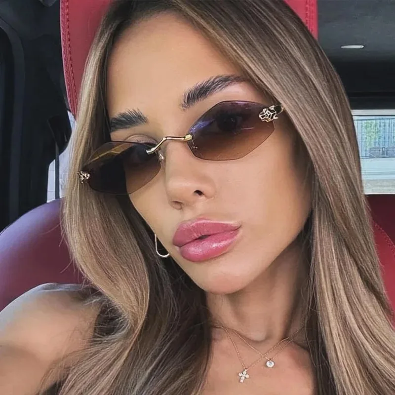 

New Frameless Cut Edge Sunglasses Diamond Shaped Personalized Leopard Sunglasses UV Resistant Small Frame UV400 Sunglasses