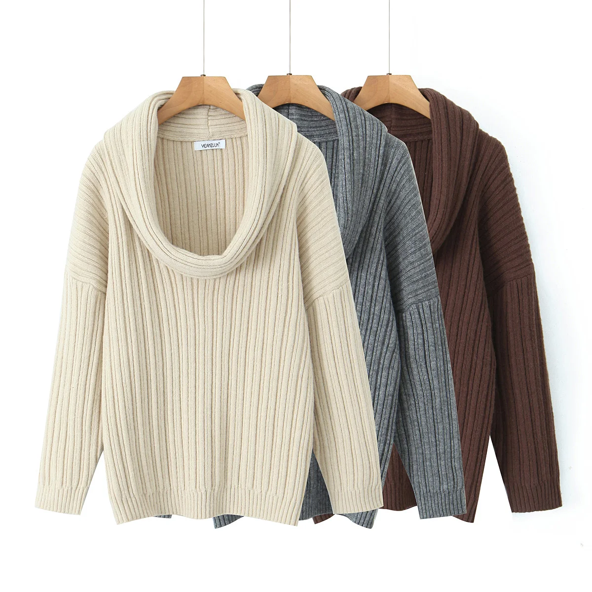 Winter Koffie Rib Breien Ruches Slash Schouder Pullover Trui Dames Volledige mouw Losse Dikke Truien Oversized Jumper Beige