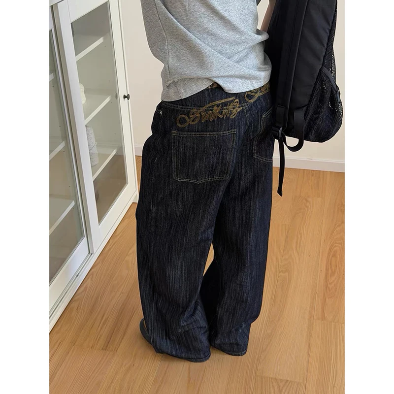 YIBASHU - Jeans Anchos Negros Estilo Y2K para Mujer, Jeans Bordados Estilo Grunge, Jeans Vintage de Gran Tamaño, Pantalones de Mezclilla Estilo Harajuku